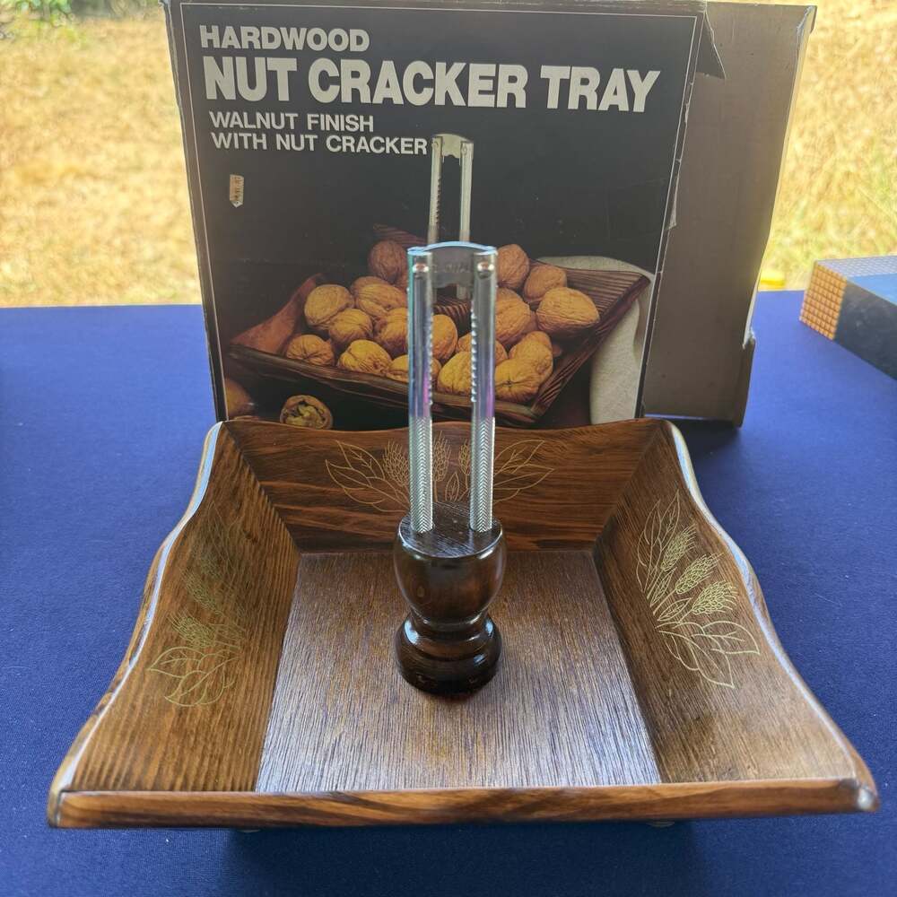 Vintage Hardwood Nut Cracker Tray with Nut Cracker, Walnut Finish